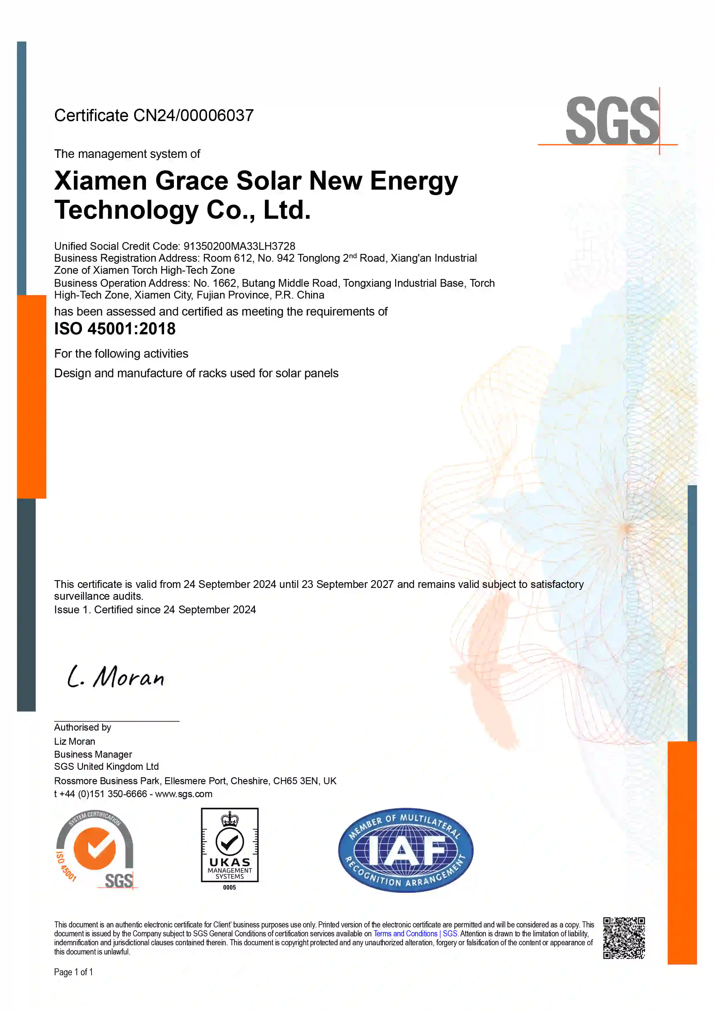Certification ISO 45001 de Grace Solar