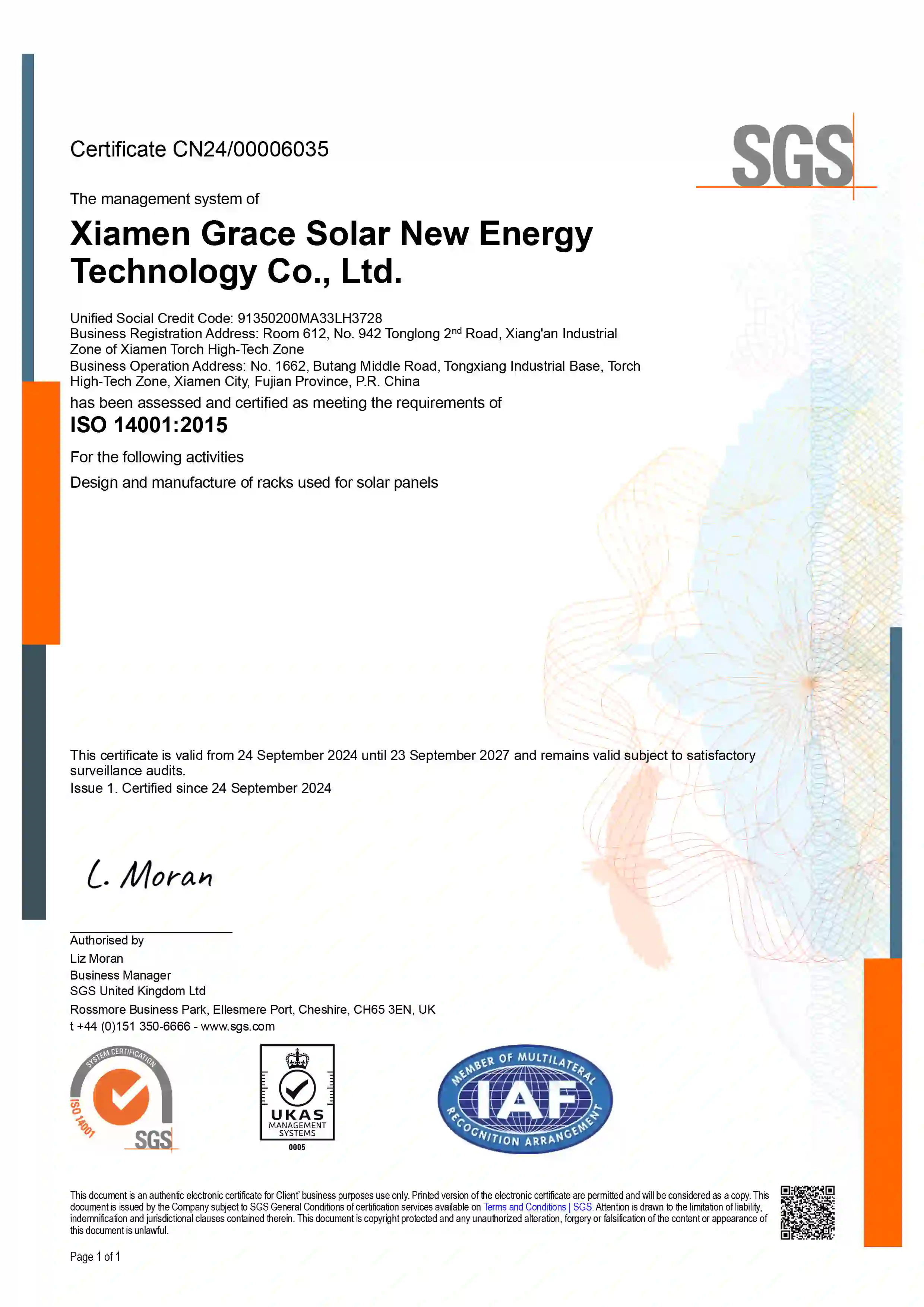 Certification ISO 14001 de Grace Solar