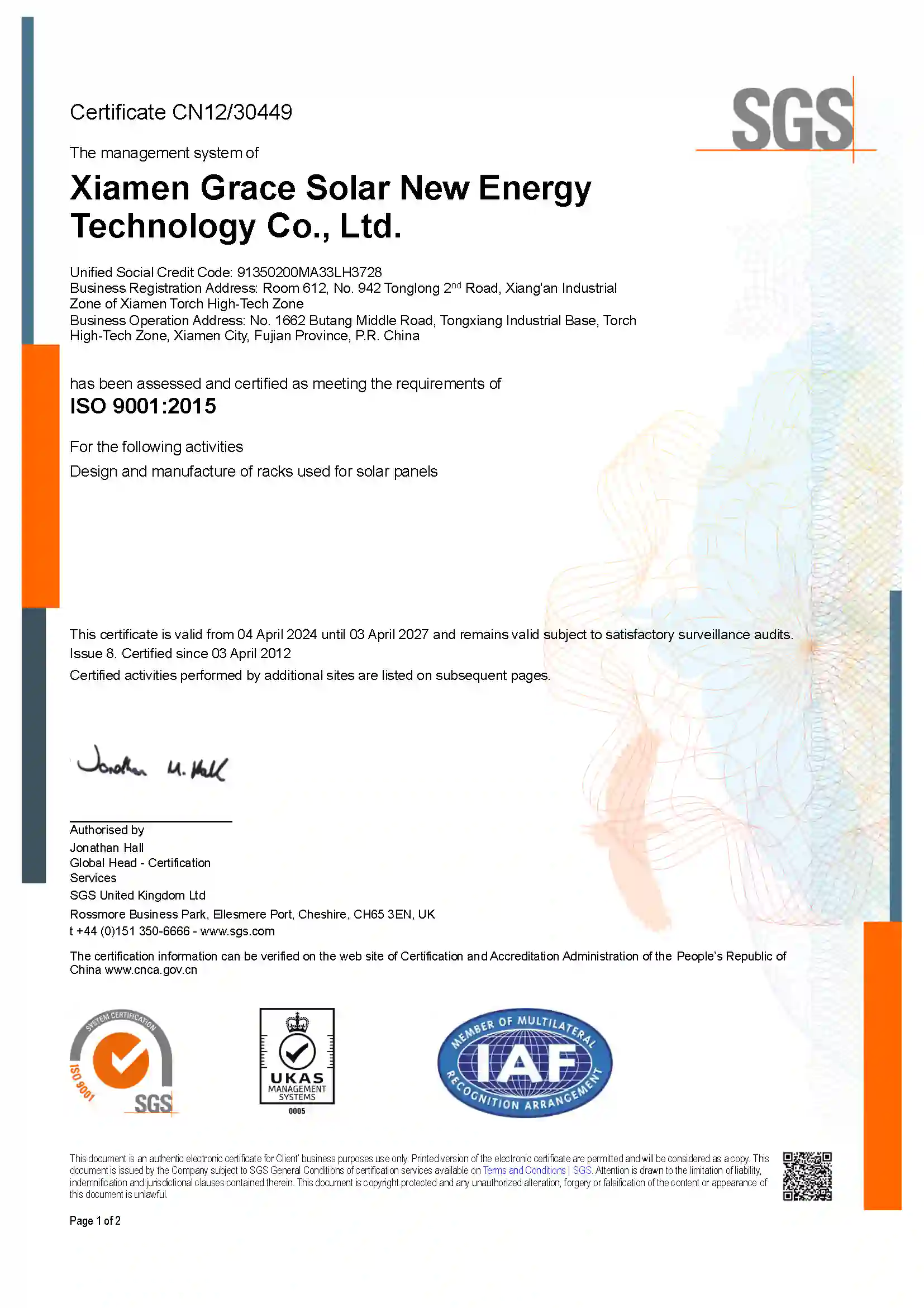 Certification ISO 9001 de Grace Solar