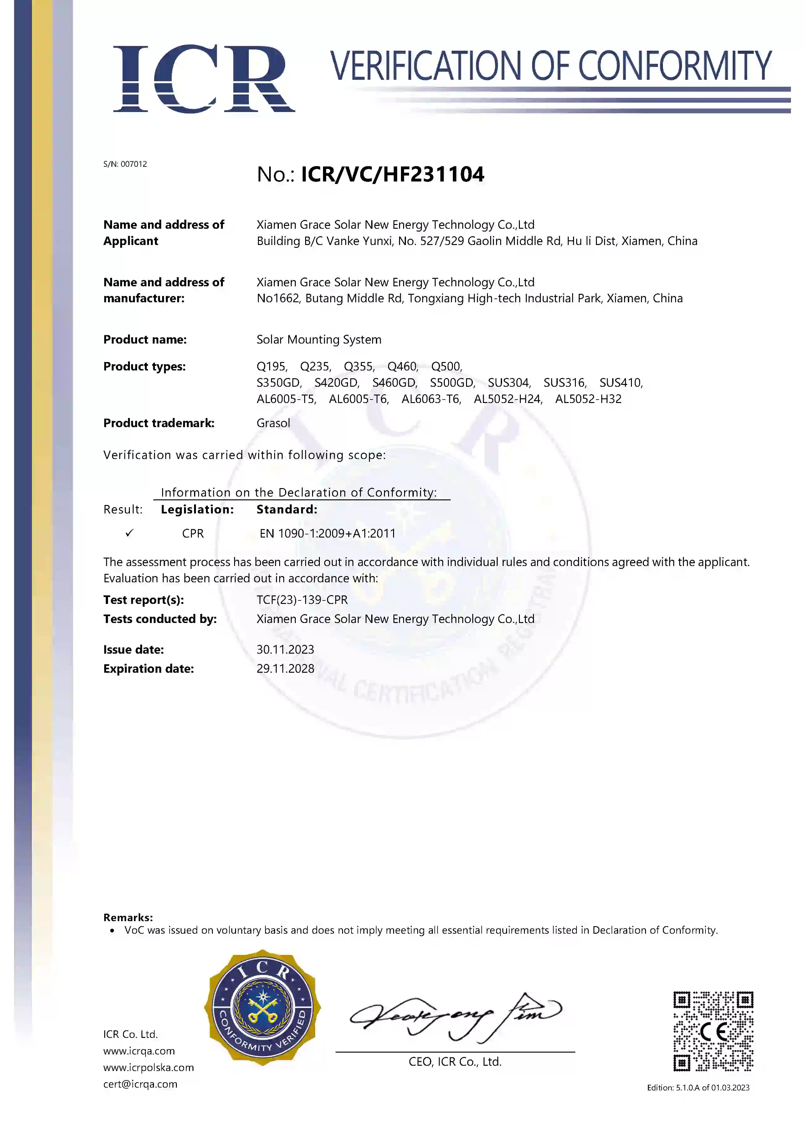Certifications CE Mondiales de Grace Solar