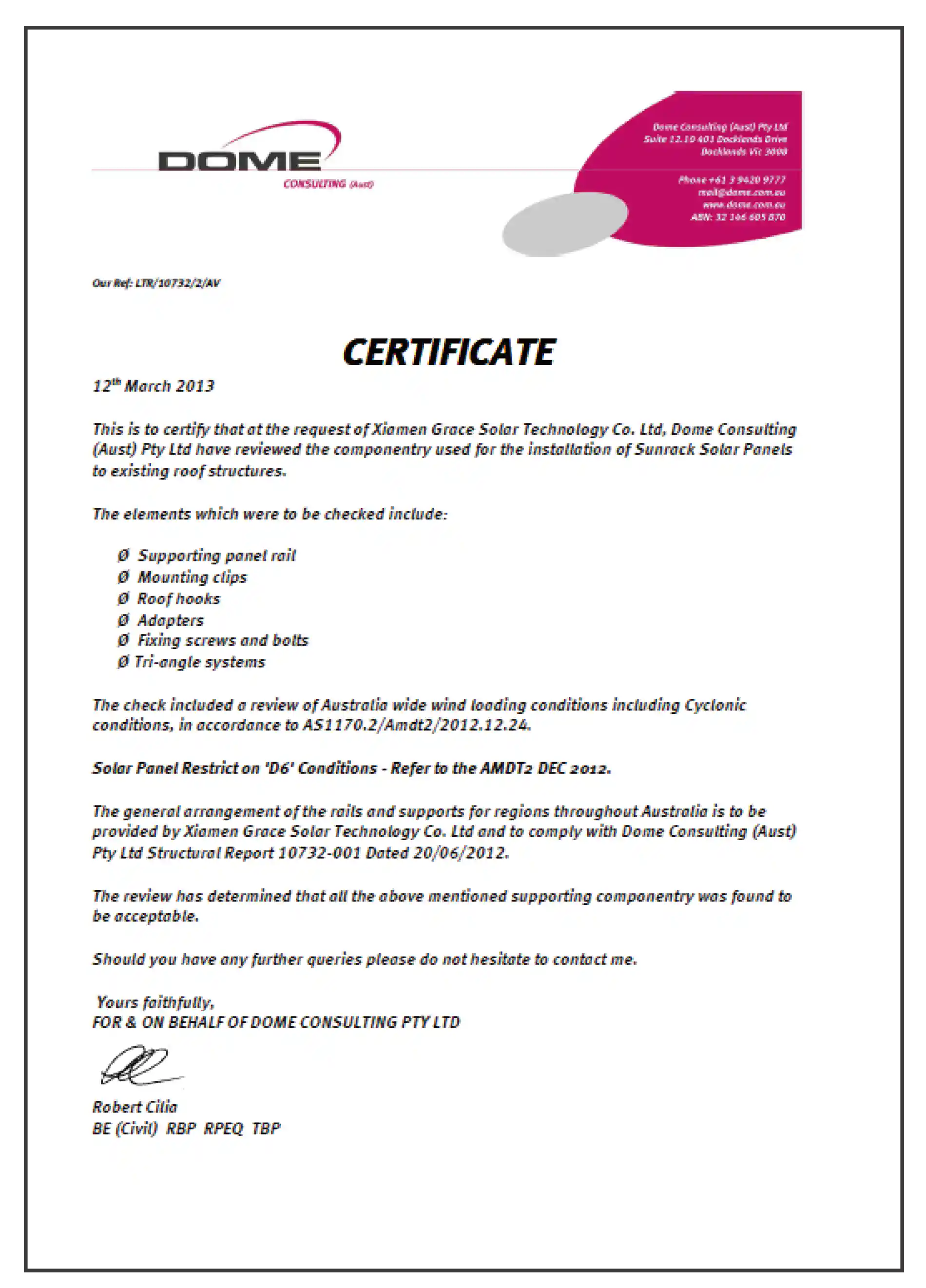 Certificat AS1170 Australie de Grace Solar