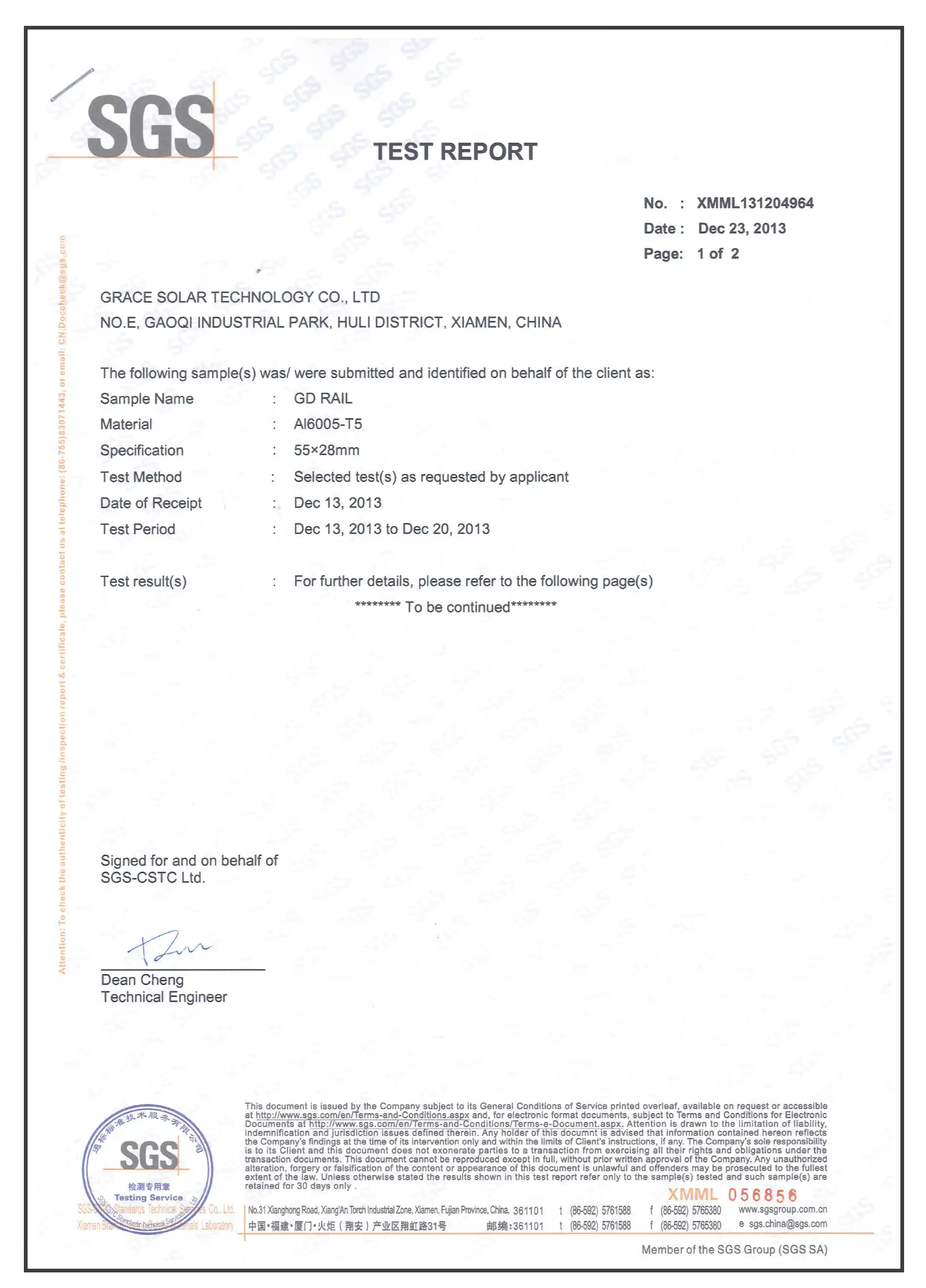 Certification SGS Alliage d'Aluminium de Grace Solar