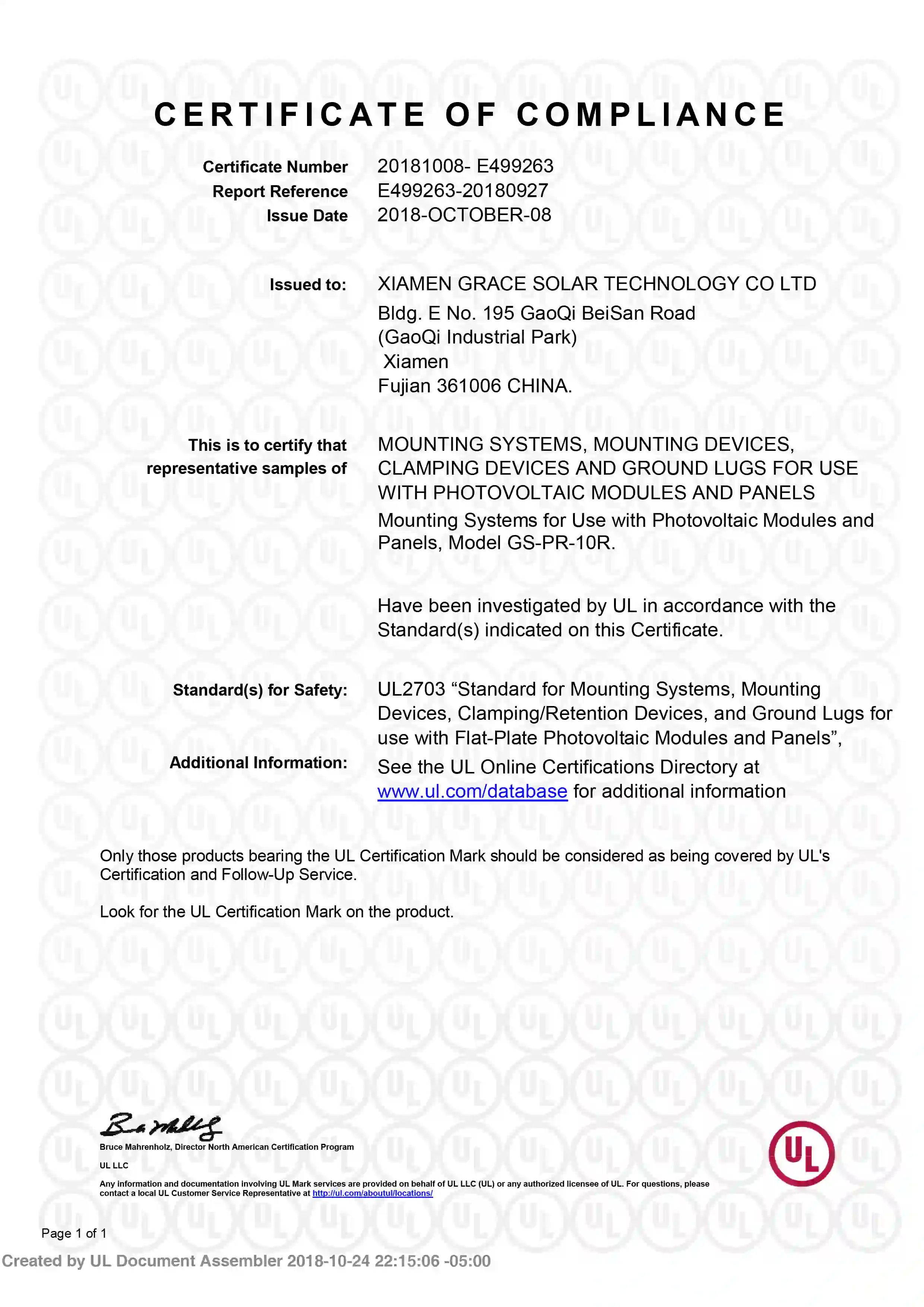 Certification UL de Grace Solar