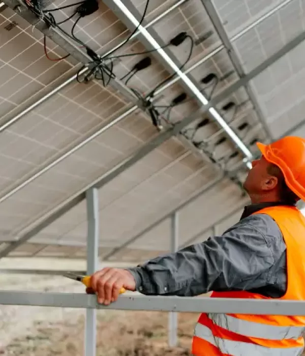 Ingeniero inspeccionando base de estructura solar en proyecto 1.1GW de Oriente Medio, logística gemelo digital permite 48GW implementados en 100+ países con variación de entrega <24h