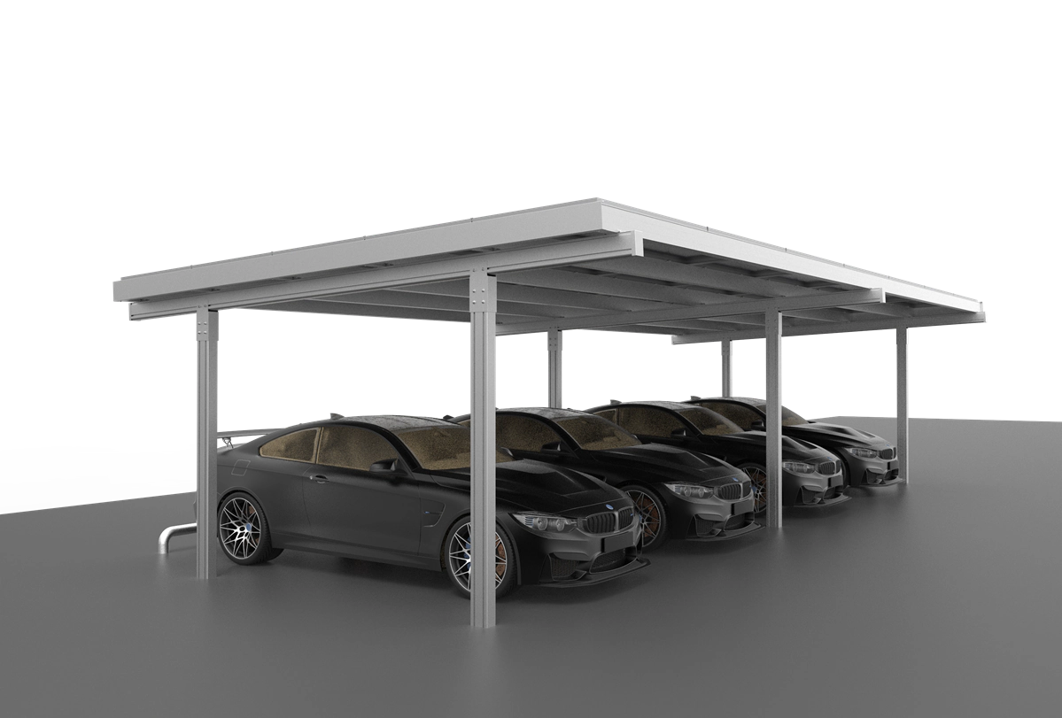 Grace Solar Type II Carport Mounting System installation at a commercial parking site with solar panels