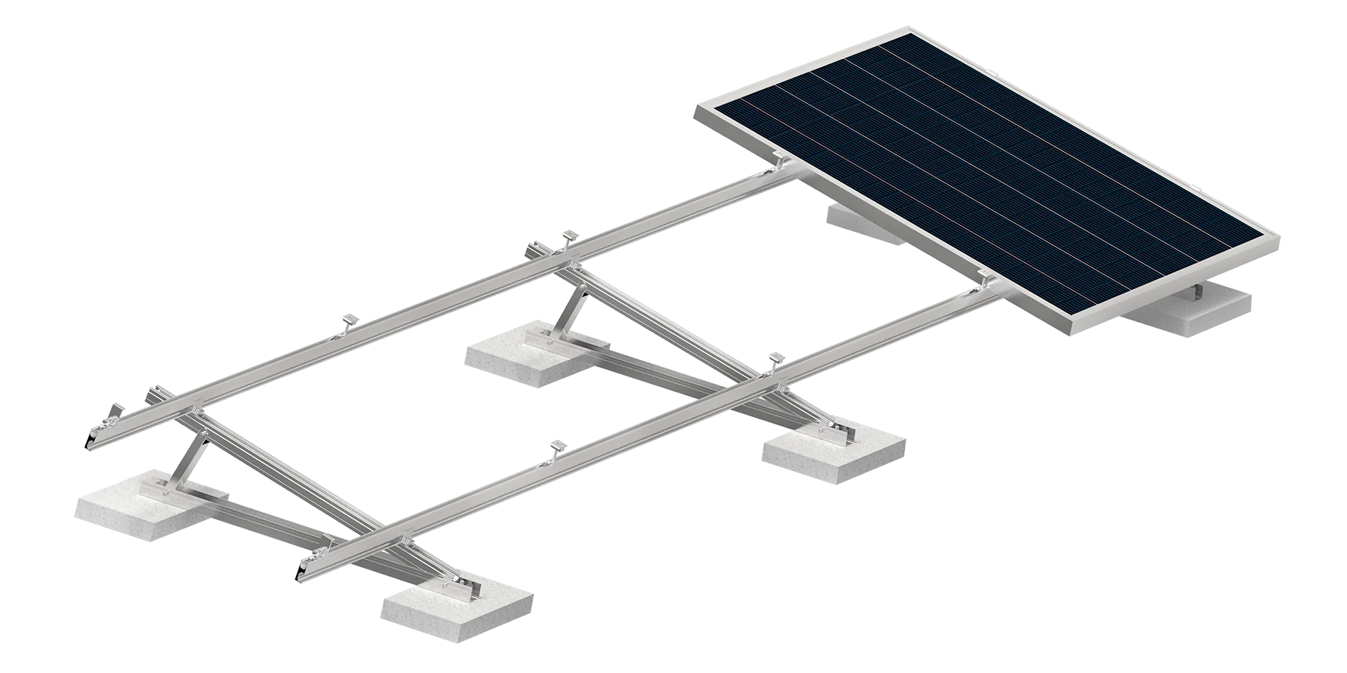 Non-penetrating solar ballast mounting system on flat commercial roof with solar panels