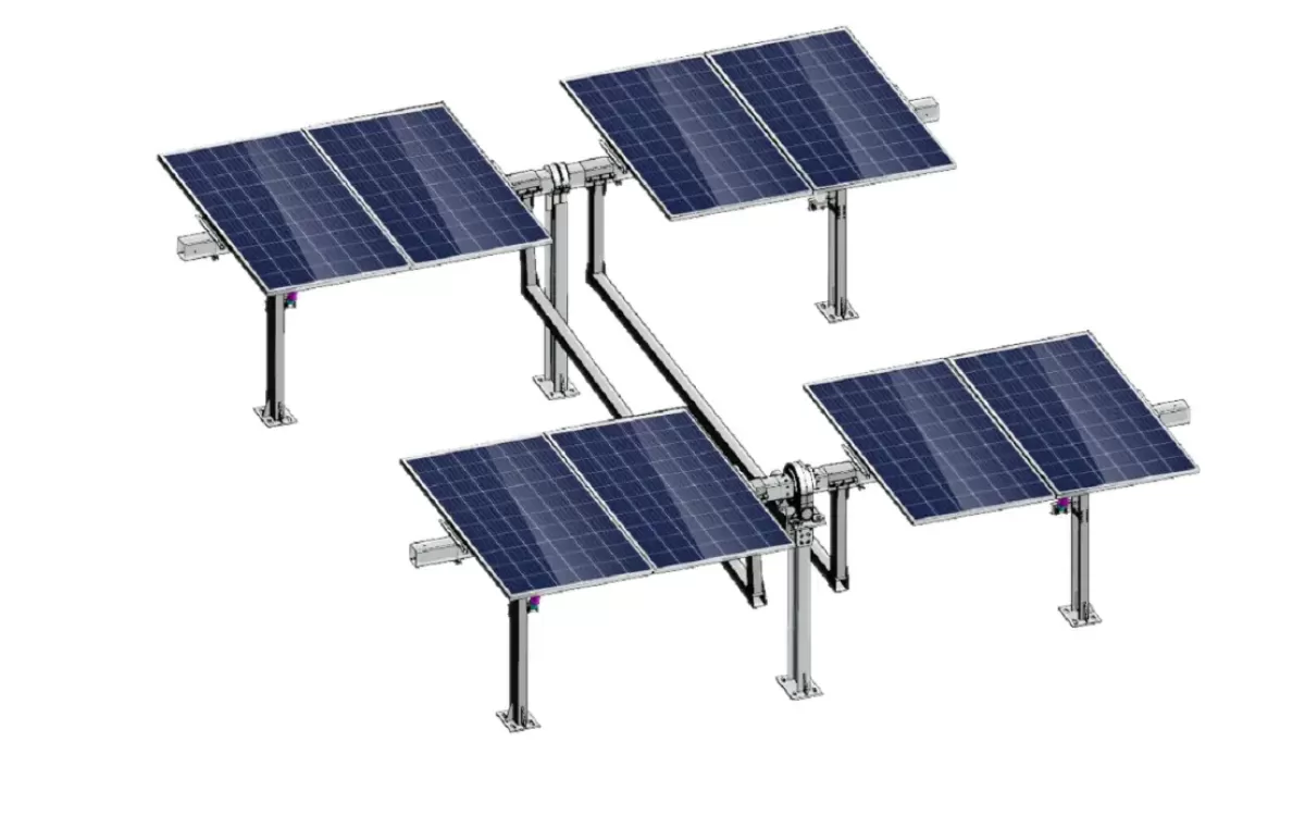Dual-axis solar tracking system on sloped terrain with bifacial panels Multi-point drive solar tracker structure close-up