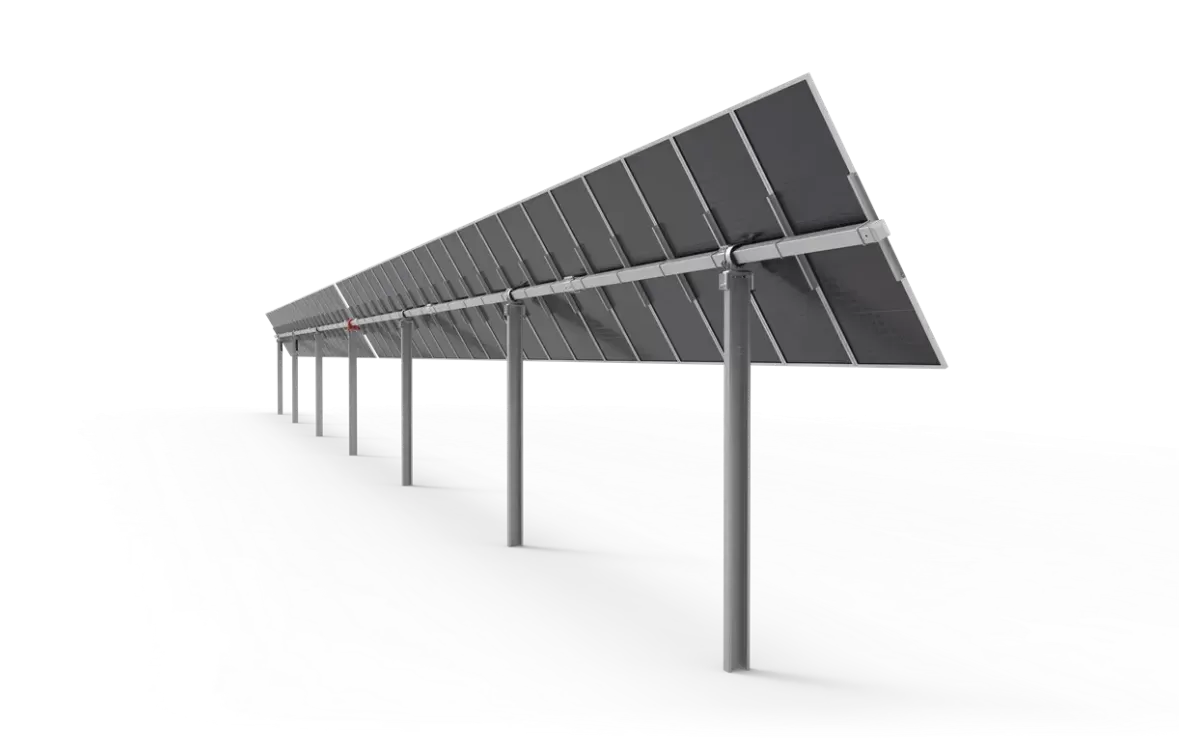 Industrial single-axis solar tracking system on sloped farmland generating clean energy