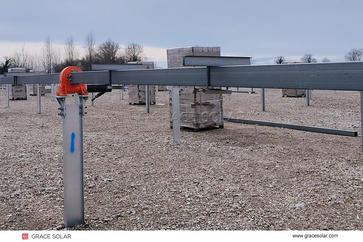 Aerial view of 3.8MW solar tracking plant in Italy showing uniform panel alignment