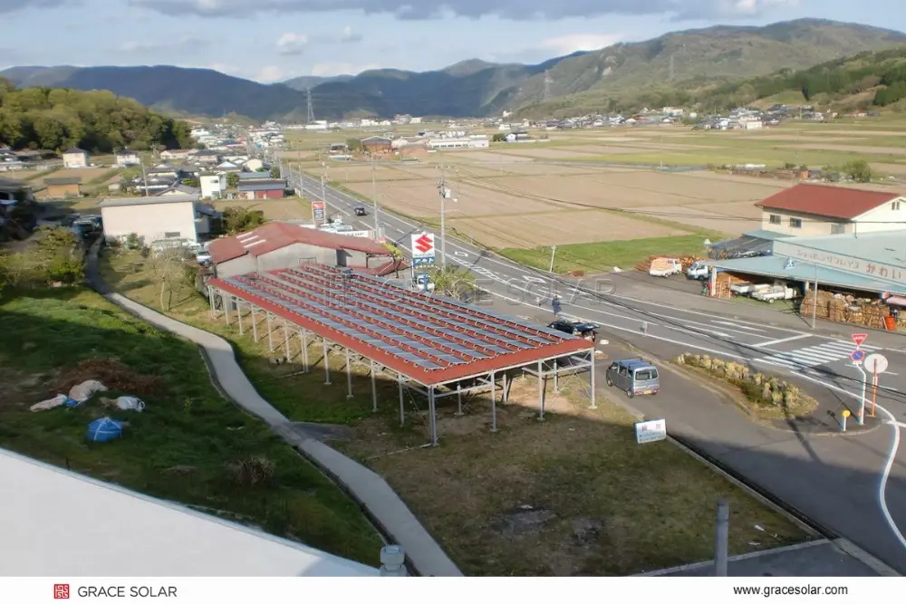 Aerial view of a large-scale solar farm showing optimized row spacing