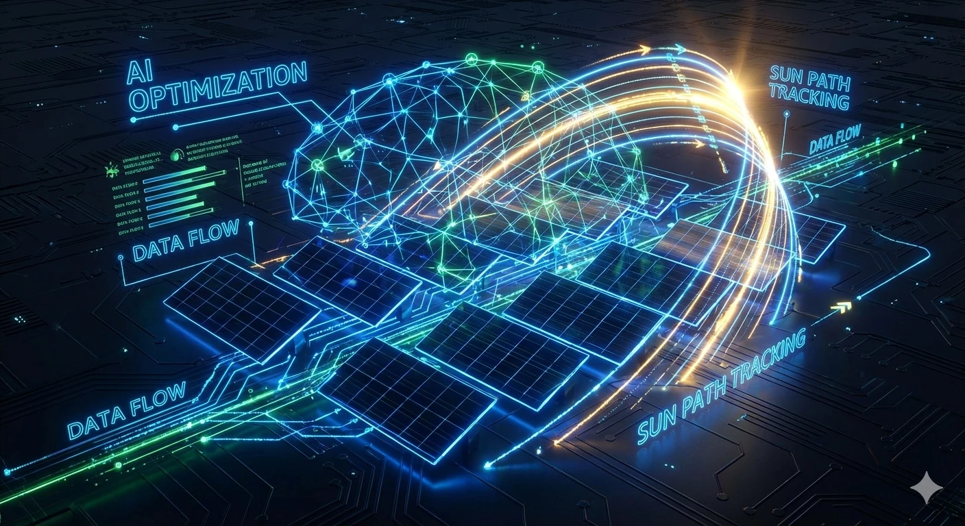 Abstract visualization of AI algorithm optimizing solar tracking