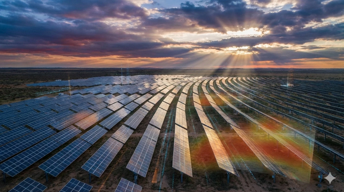 AI-powered solar tracker field adjusting panel angles under dynamic cloudy skies