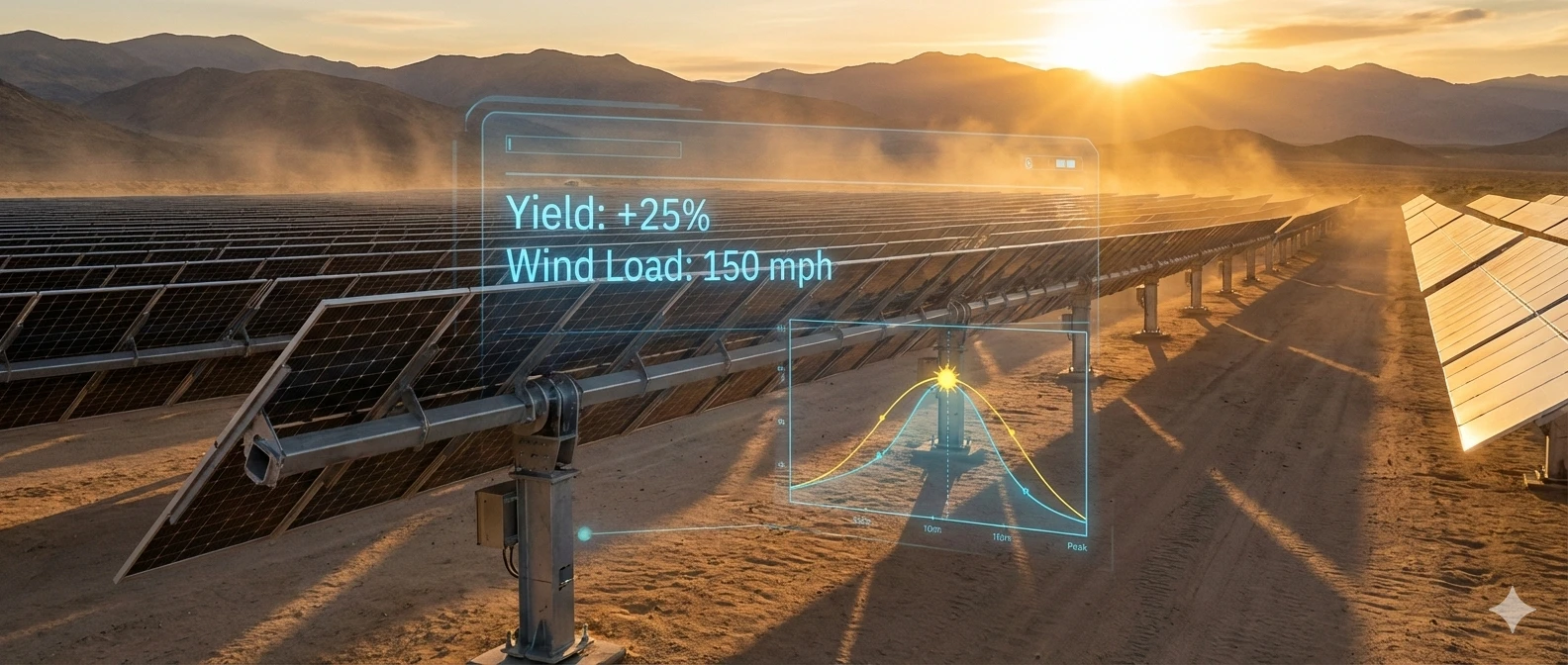 Advanced AI-driven solar tracker installation in a desert landscape with digital HUD showing performance data