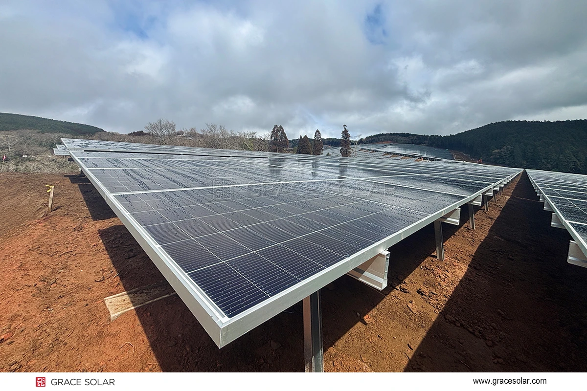 Close-up detail of Grace Solar aluminum alloy ground mount structure showing modular connection