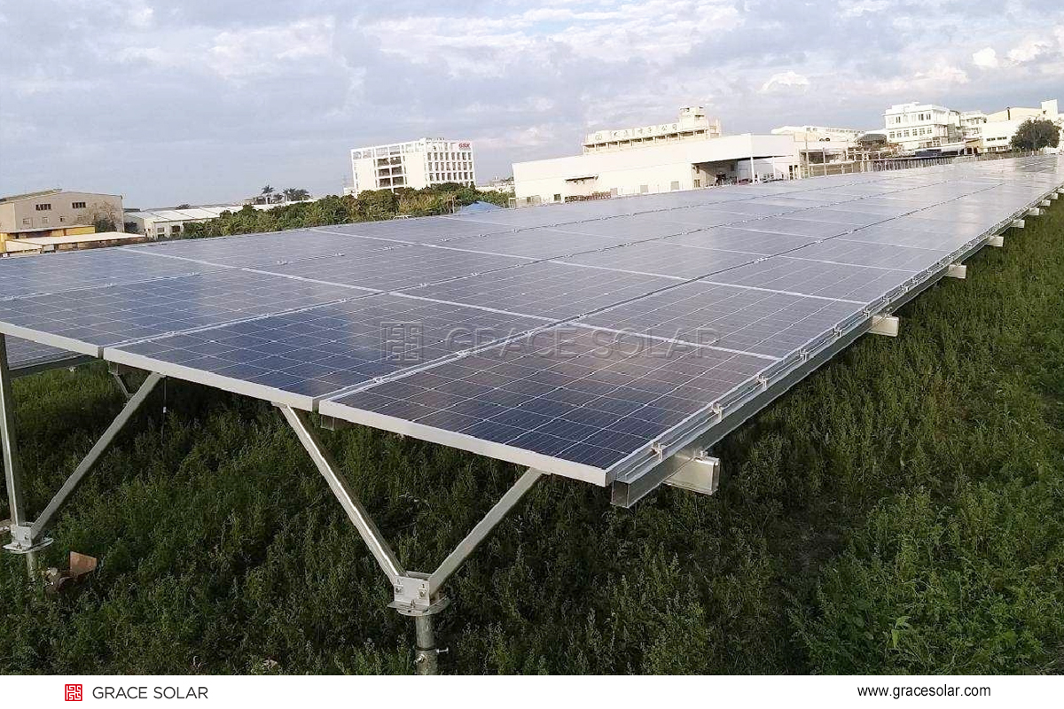 Detailed view of spiral pile and aluminum rack system for 3MW solar project in Changhua farmland