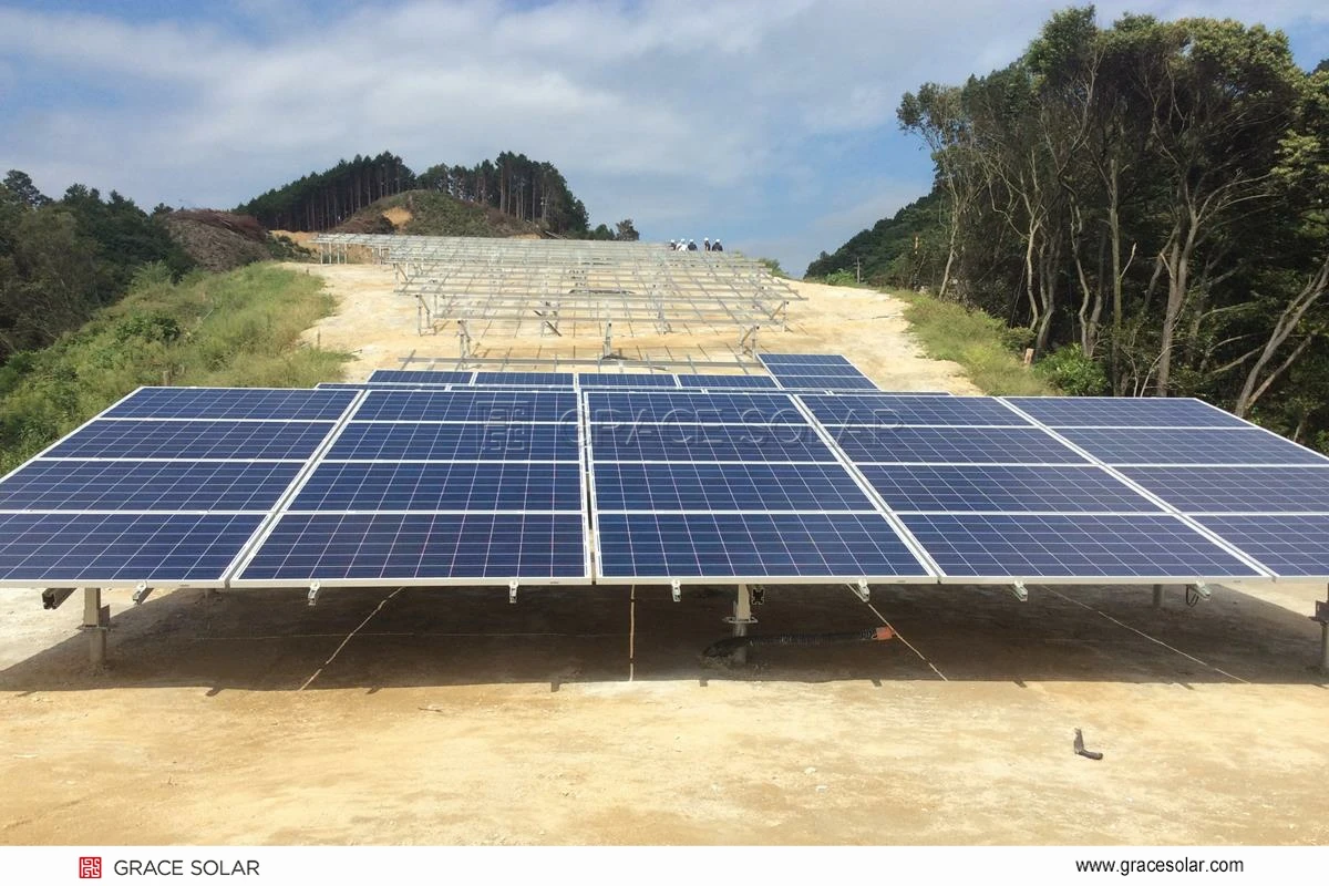 Grace Solar Ground Mounting System installation in Ehime Prefecture, Imabari City - showing precision alignment and robust foundation details