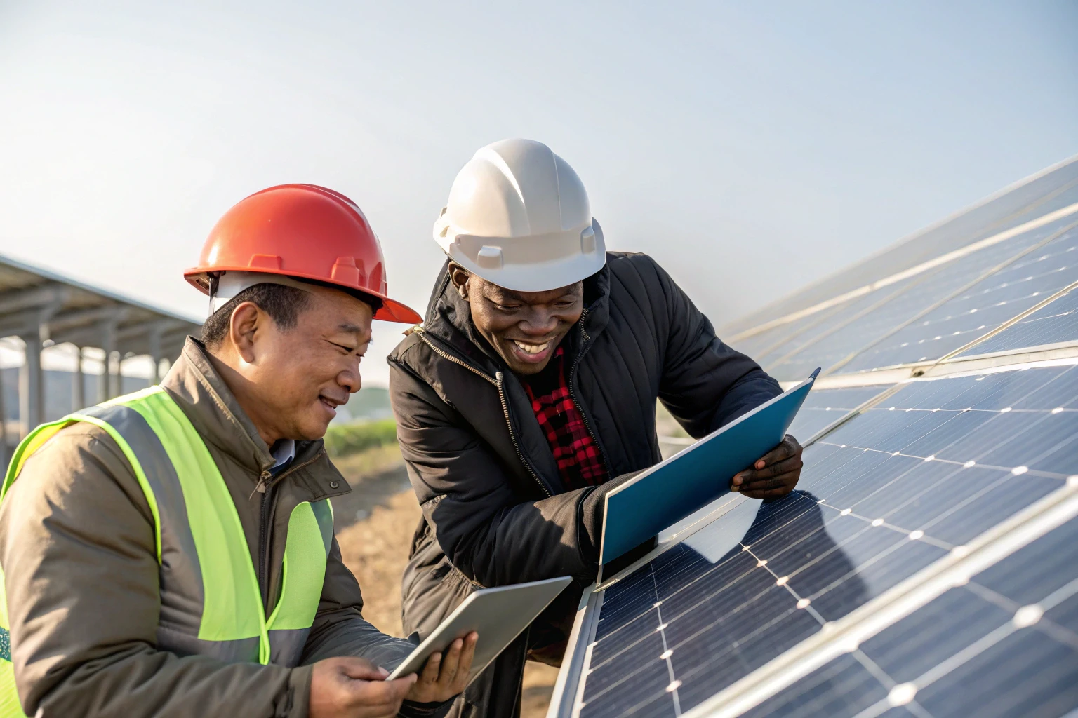 Grace Solar engineers discussing solar mounting system details on-site