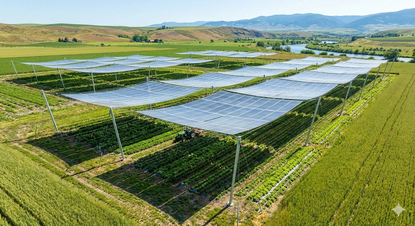 Large-span flexible solar mounting for agrivoltaics with crops underneath