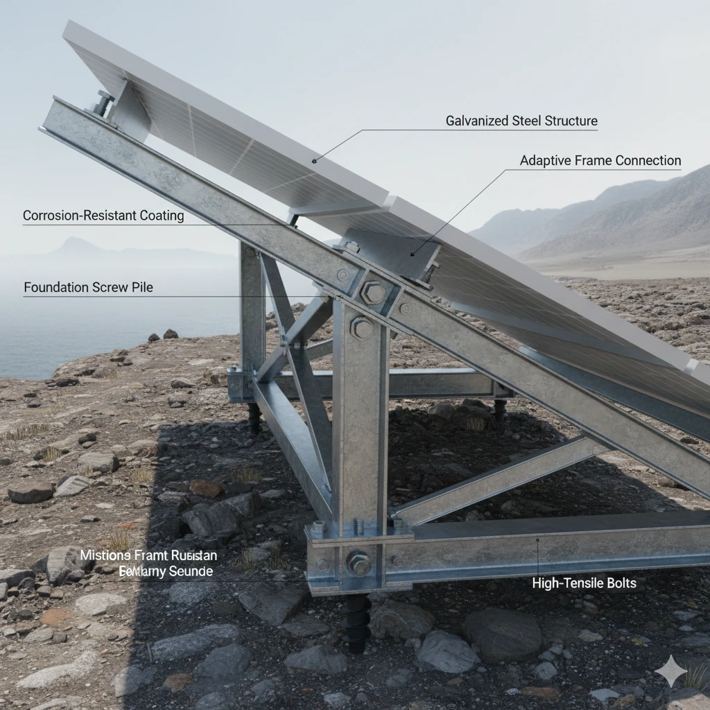 Precision-engineered solar mounting structure undergoing wind tunnel testing or installation in a rugged environment