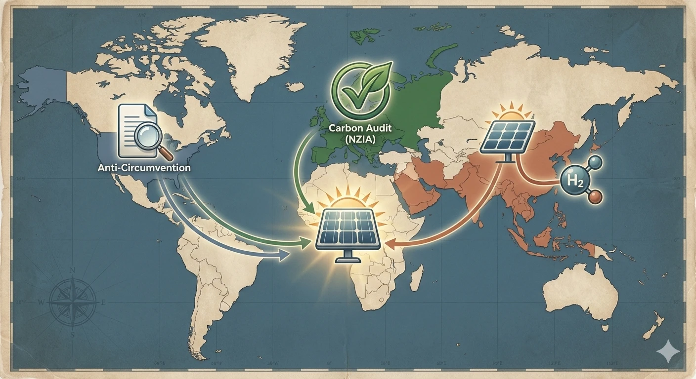 World map highlighting key solar trade policies in US, EU, and Asia with icons for tariffs and certifications