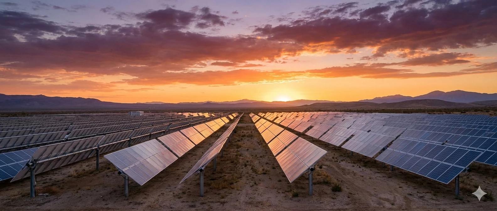 A large-scale solar power plant using Grace Solar's GS-Light tracking systems under a clear blue sky
