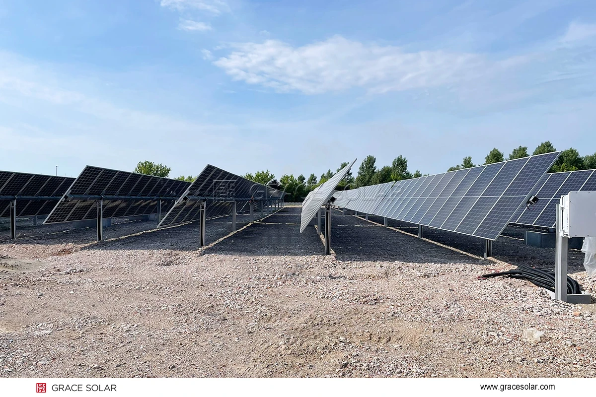 Italy 4MW Solar Side Row View - Full row perspective of Grace Solar tracking system