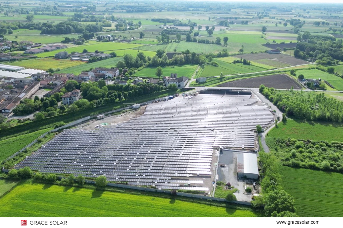 Italy 4MW Solar Plant Aerial View - Grace Solar tracking system installation in mountainous terrain