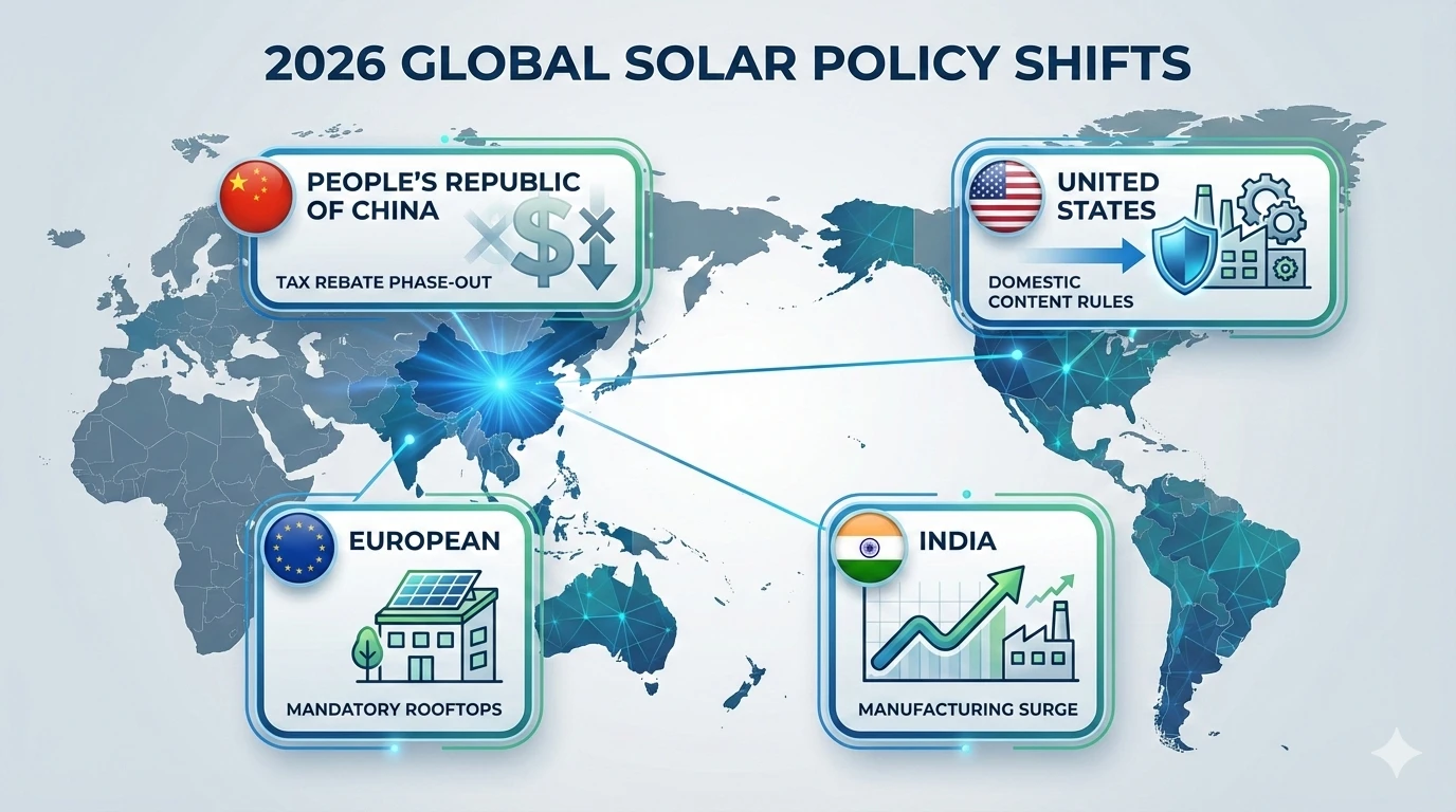 Global PV policy map 2026 showing China, US, EU, and India flags with icons for tax, factory, roof, and industry
