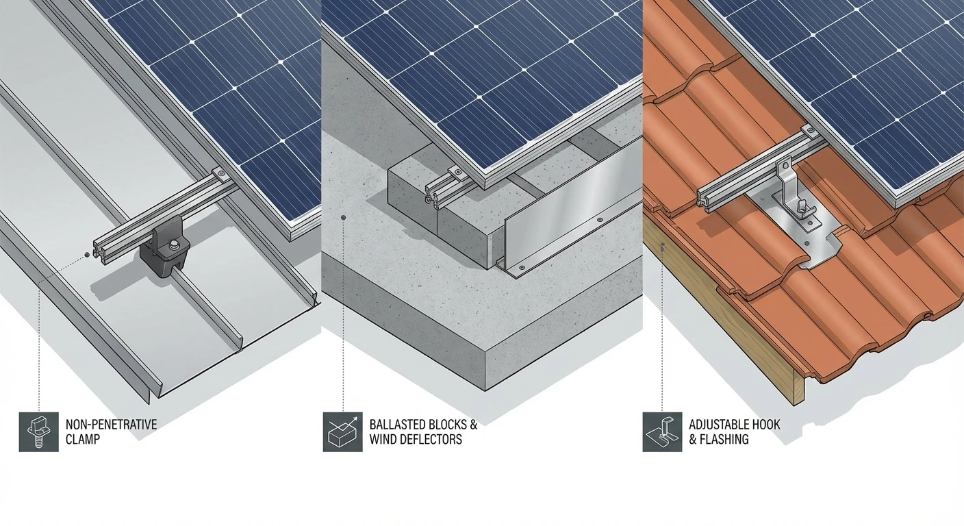 Illustration of different roof mounting types: metal roof clamp, flat roof ballasted system, tile roof hook