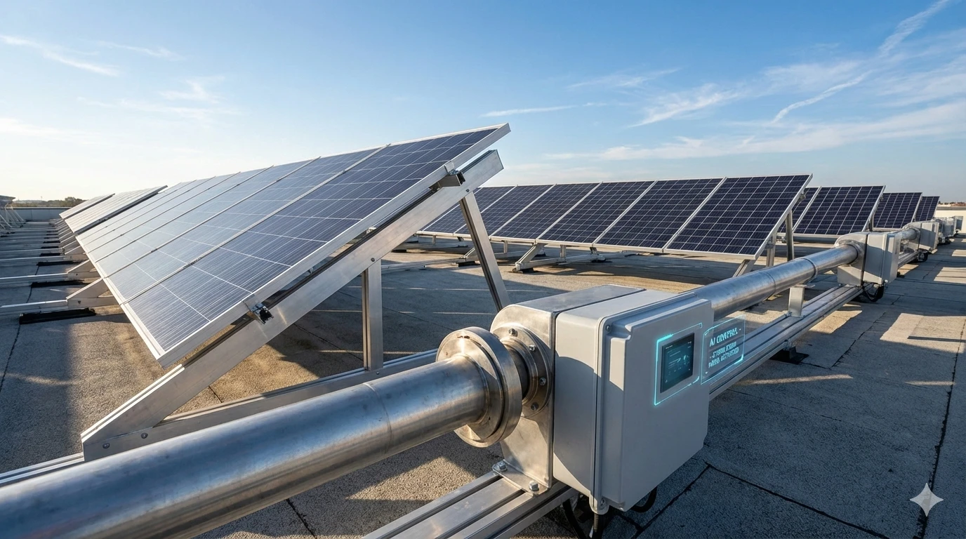 Rooftop solar tracking system with AI control and storm stow mode