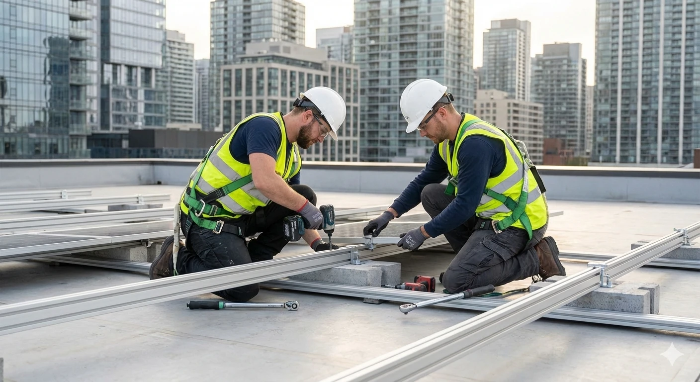 Engineers installing a sleek, modern solar mounting system on a commercial rooftop in an urban setting