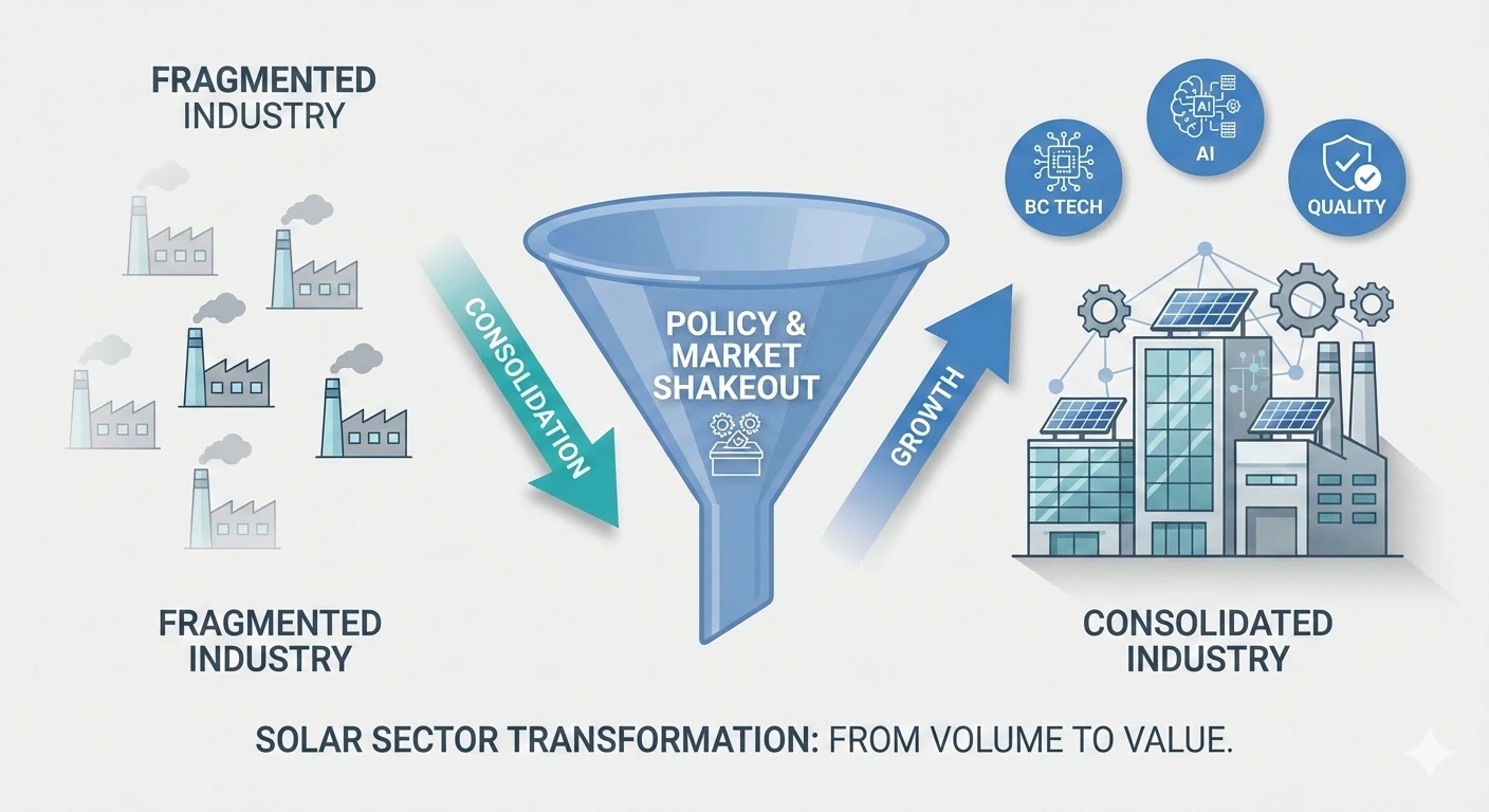 Diagram showing consolidation of solar industry from many small factories to fewer, larger, high-tech plants