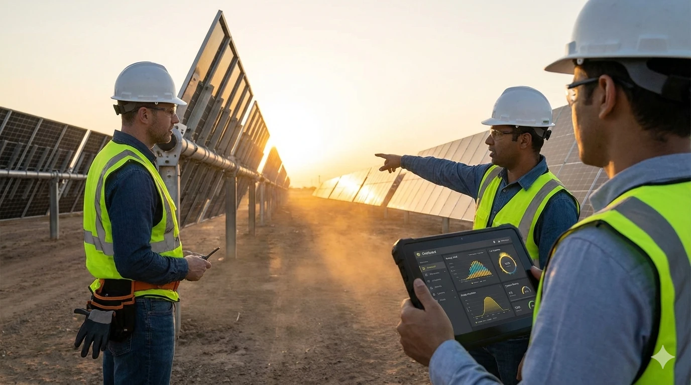 Engineers using tablet to supervise installation of AI-enhanced solar tracker system in a large field