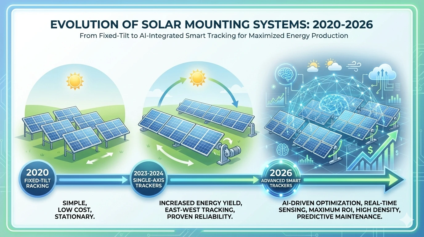 Evolution of Solar Mounting Systems from 2020 to 2026, showing transition to smart, high-efficiency structures