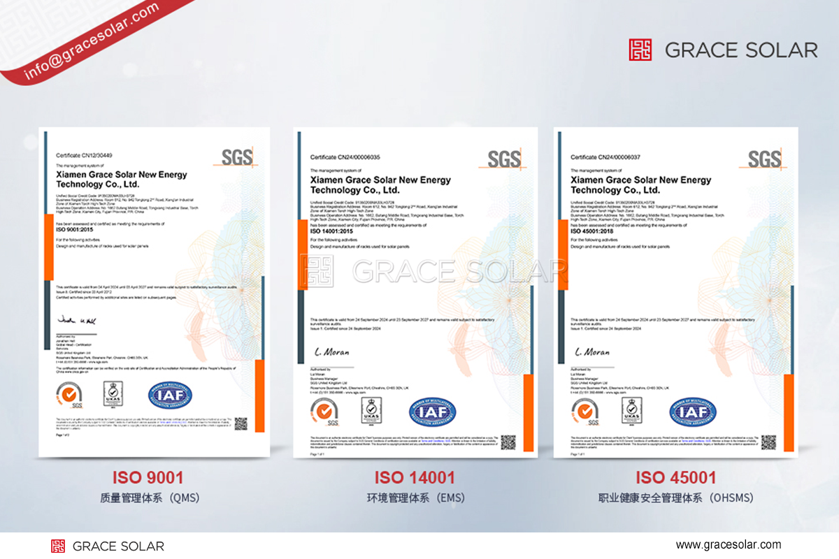 Collection of GraceSolar's three ISO certifications for quality, environmental and safety management
