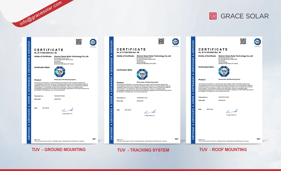 Certifications TUV pour les systèmes de montage au sol, sur toiture et de suivi de GraceSolar