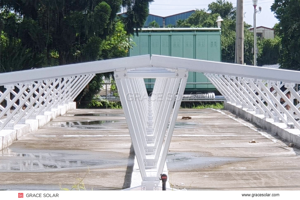 Detailed view of GraceSolar ground mounting system at water plant in Taoyuan, Kaohsiung and Pingtung