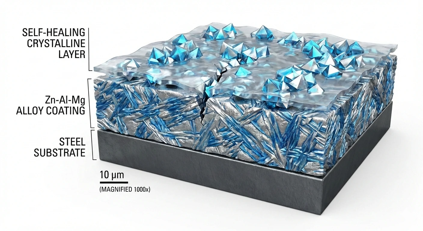 Microstructure of zinc-aluminum-magnesium coating showing self-healing layer